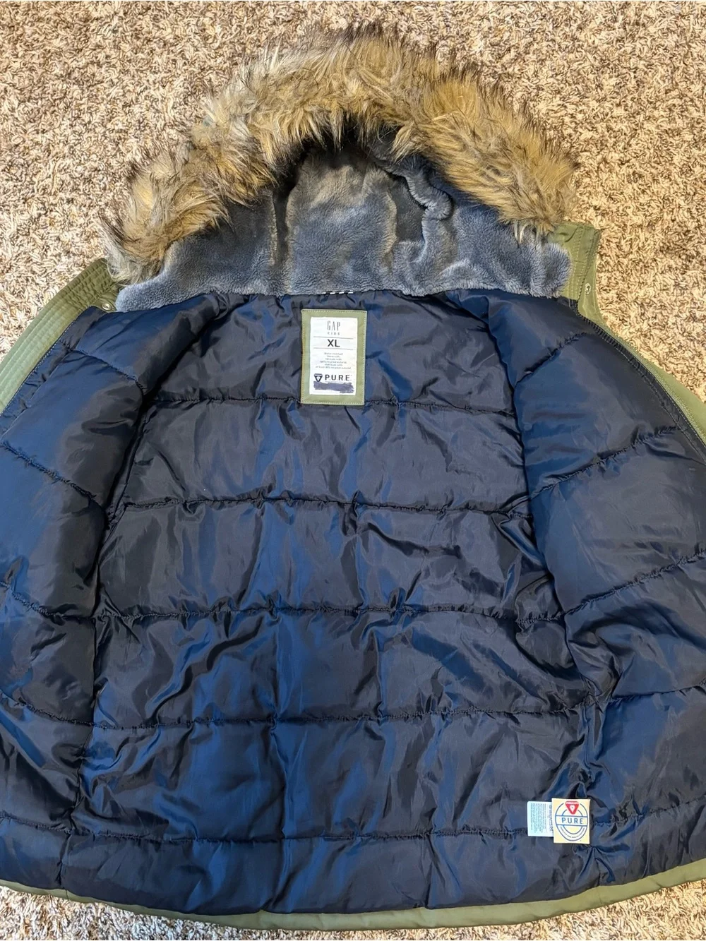 GAP Olive Green Hooded Puffer Jacket with Faux Fur Trim